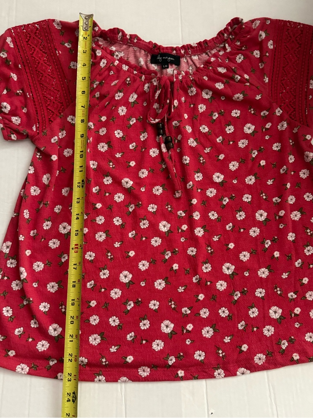 Red Floral Peasant Top with Lace Yoke - Picture 4 of 7